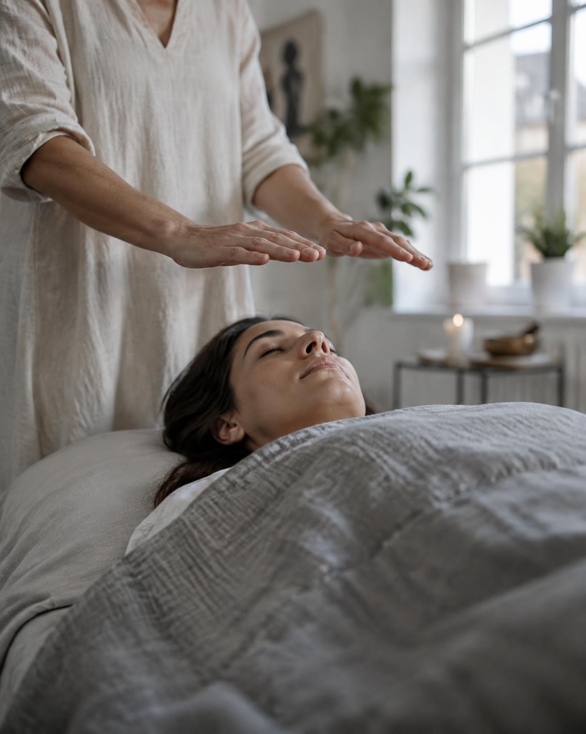 Reiki practitioner's hands over a resting guest
