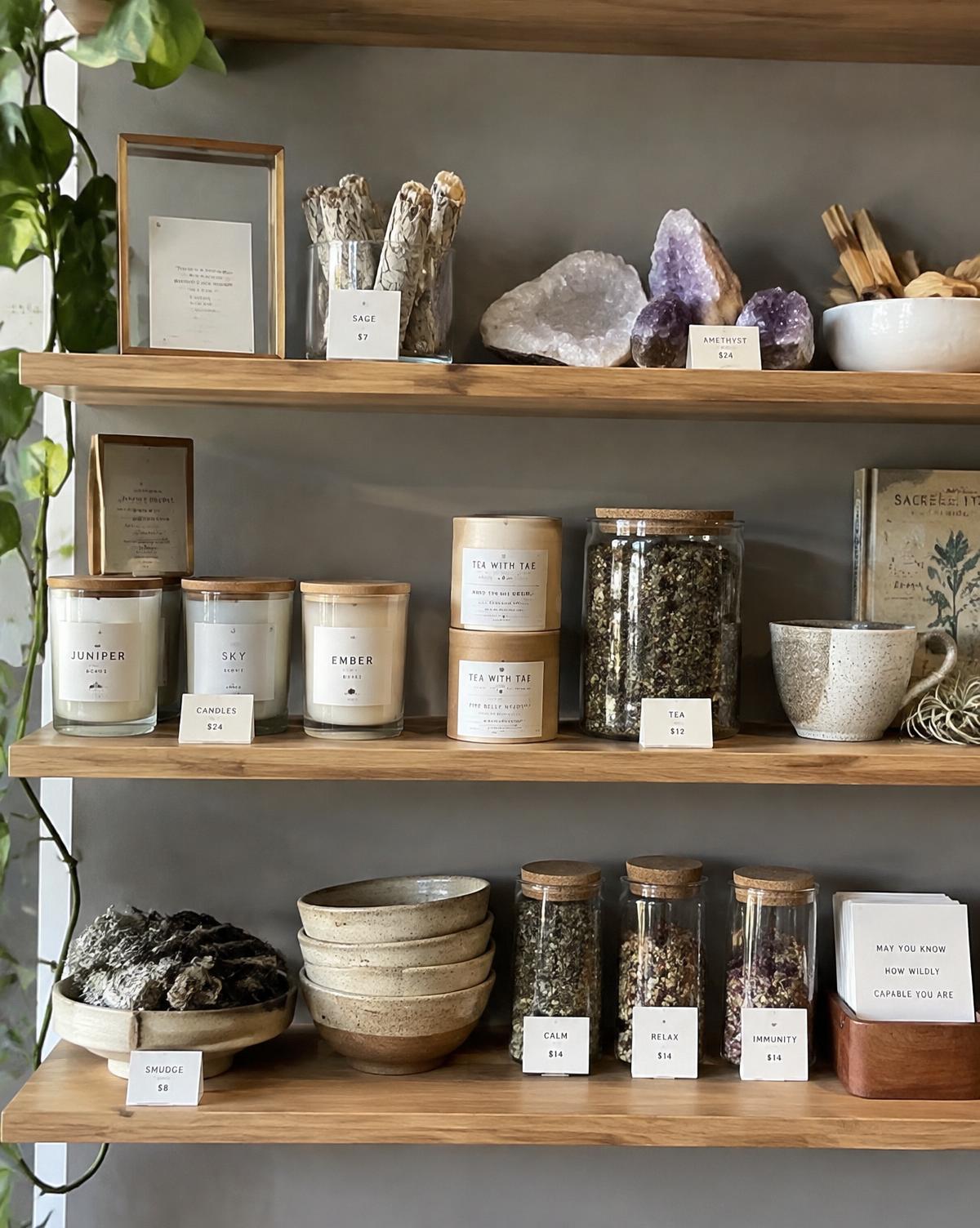 Retail shelves with crystals and candles
