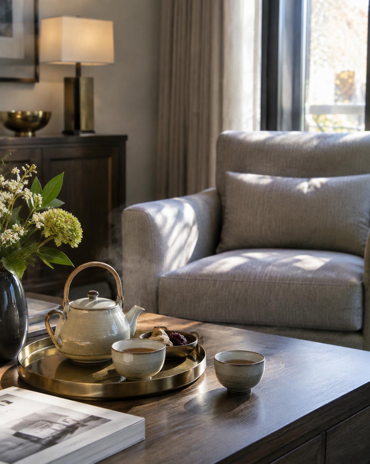 Tea lounge with ceramic teapot and linen armchair